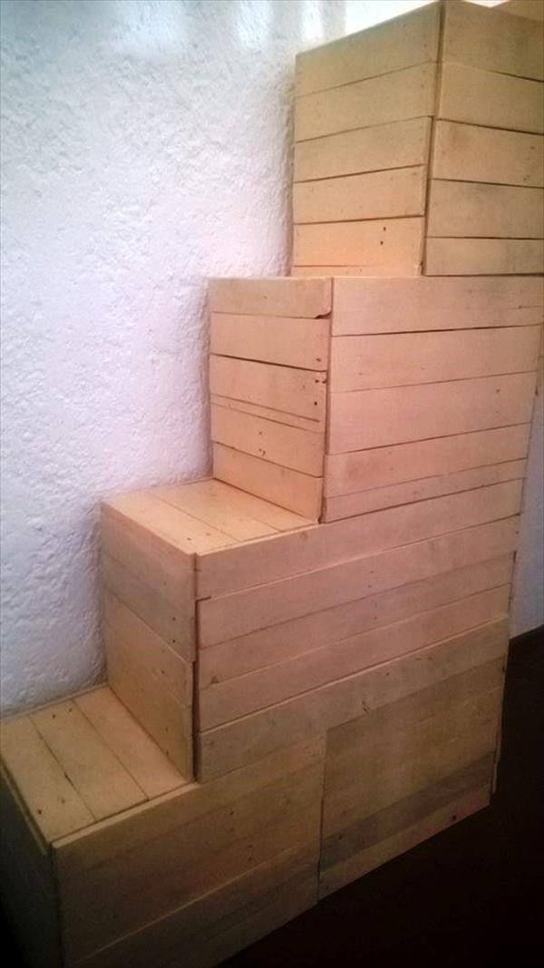 handcrafted pallet stairs with storage