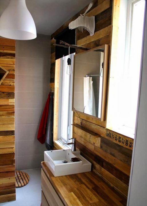 View of DIY Pallet Bathroom and Kitchen Wall
