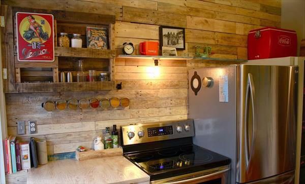 recycled pallet kitchen wall