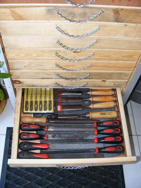 upcycled pallet roll cabinet tool storage