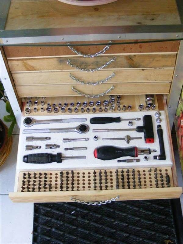 tool storage idea in pallet cabinet