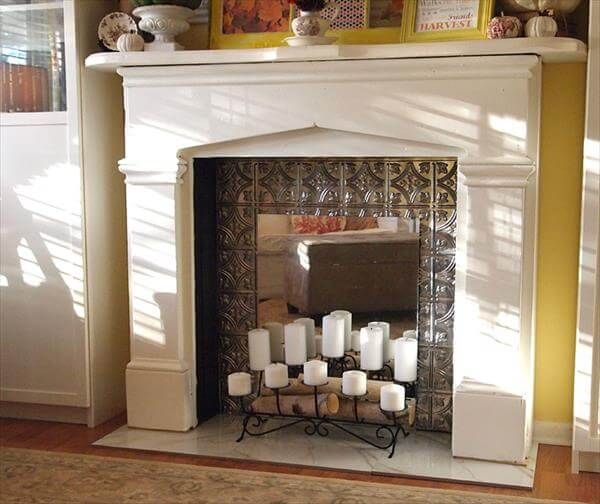 upcycled wood faux fireplace