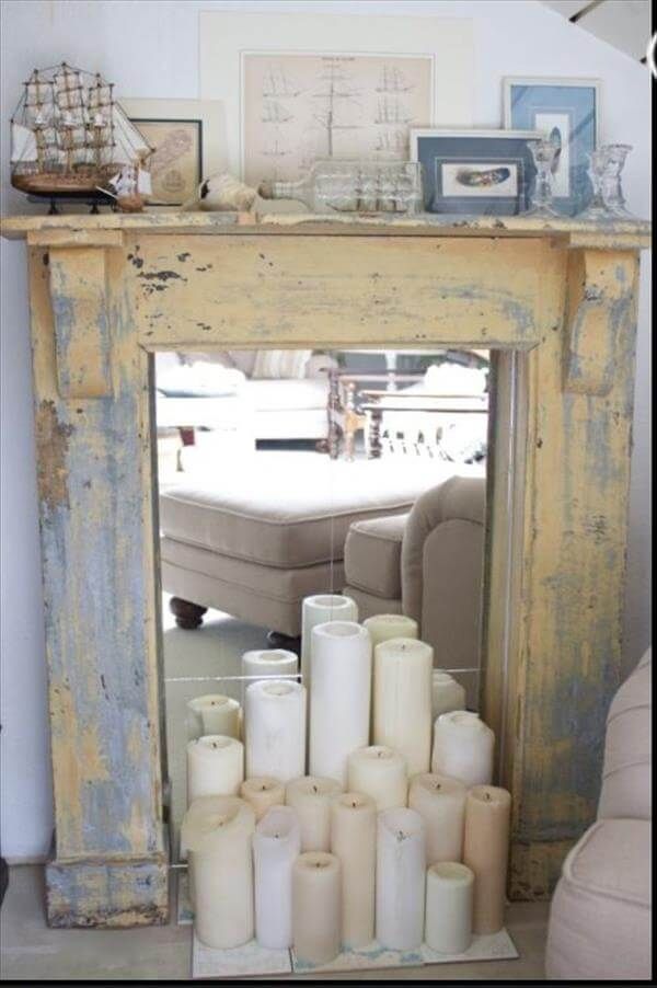 reused wooden mantle faux fireplace