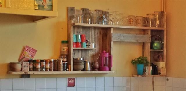 kitchen with pallet wall and shelves