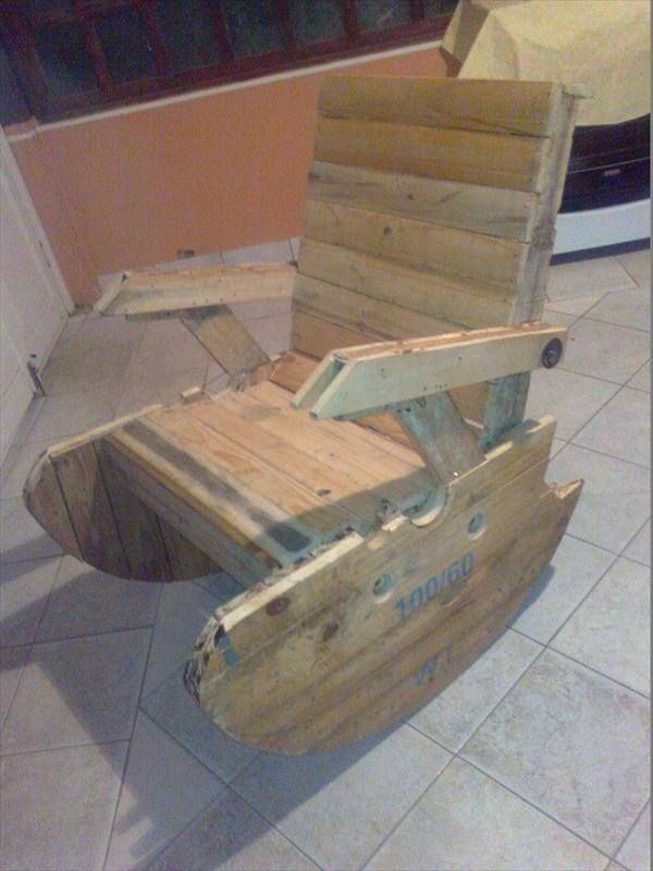 recycled pallet and wire spool rocking chair