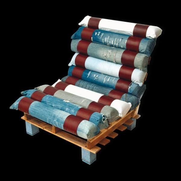 recycled pallet and denim lounge chair
