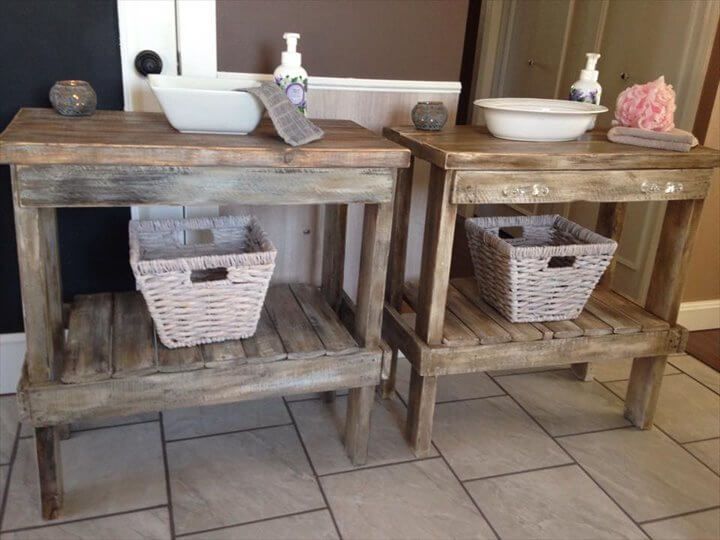 upcycled pallet bathroom table with basket storage