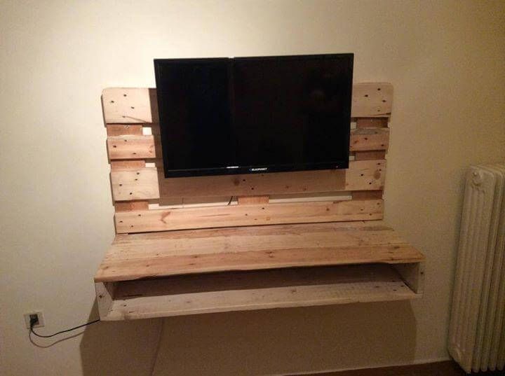 recycled pallet wall hanging TV stand with storage
