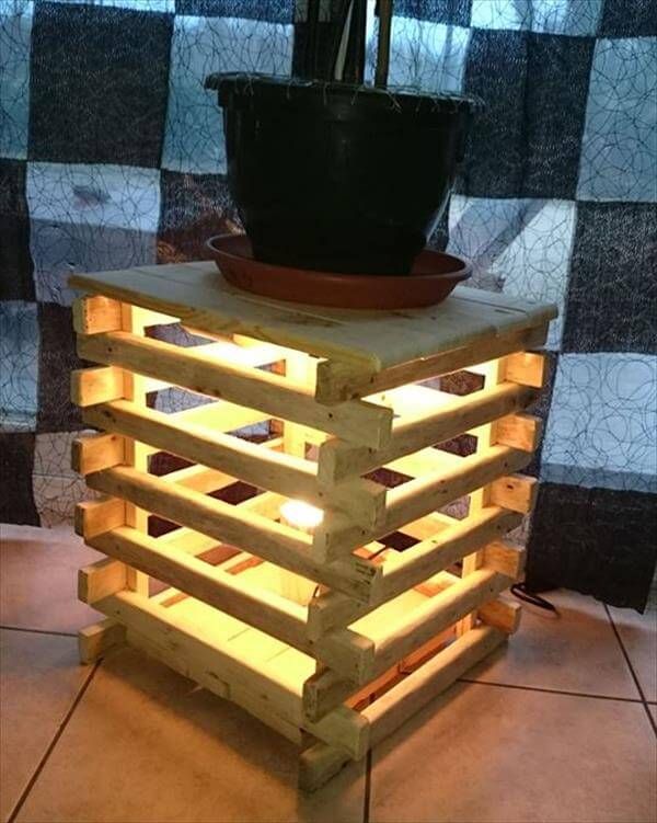 recycled pallet lighted box and pot holder