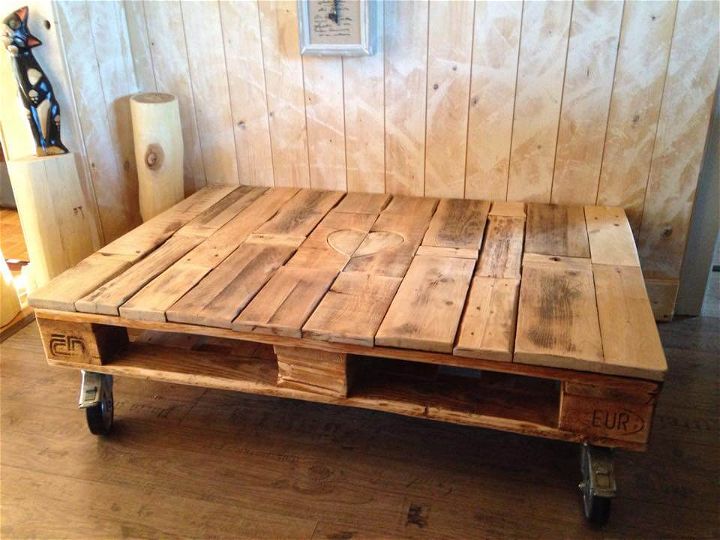 recycled pallet coffee table with wheels and heart candle light inlay