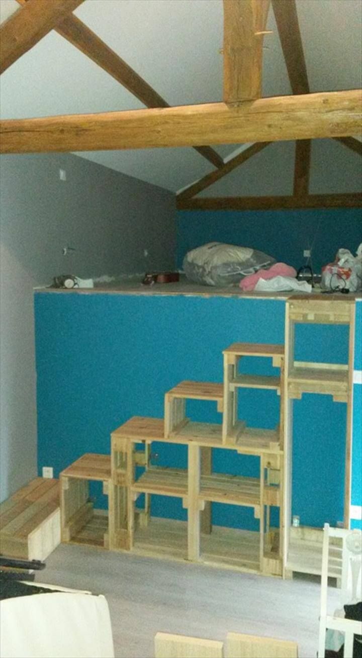 recycled pallet stairs with shelves, 