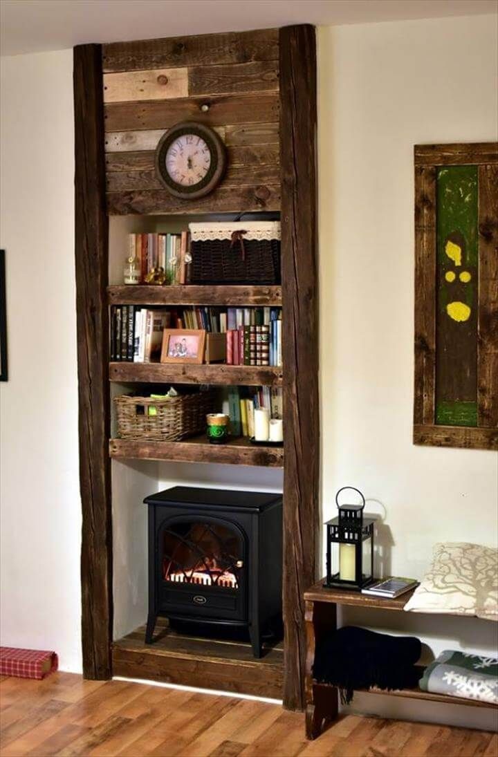 diy pallet faux fireplace inspired shelves