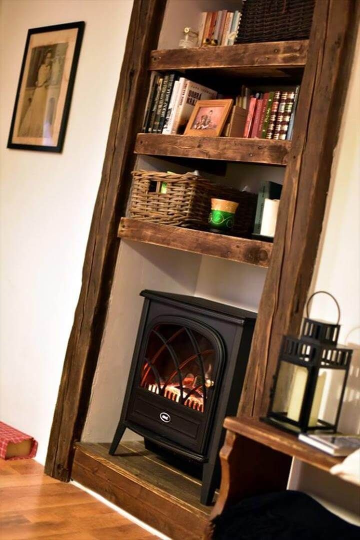 Wooden pallet faux fireplace inspired shelves