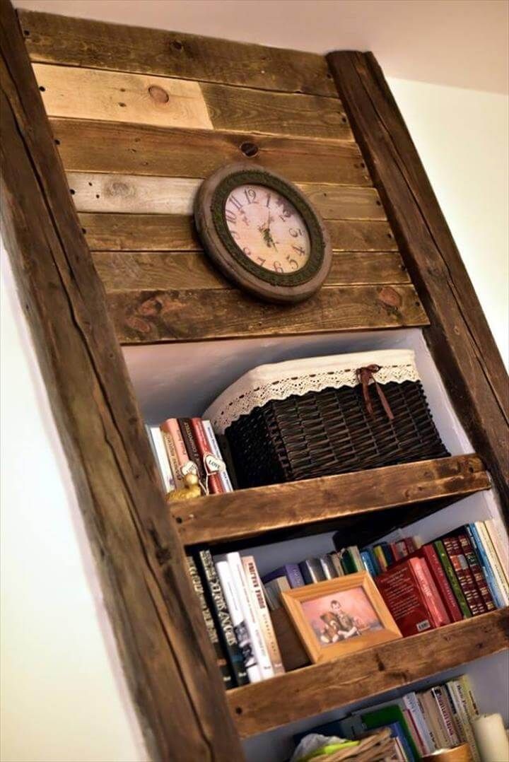 Recycled pallet faux fireplace inspired shelves