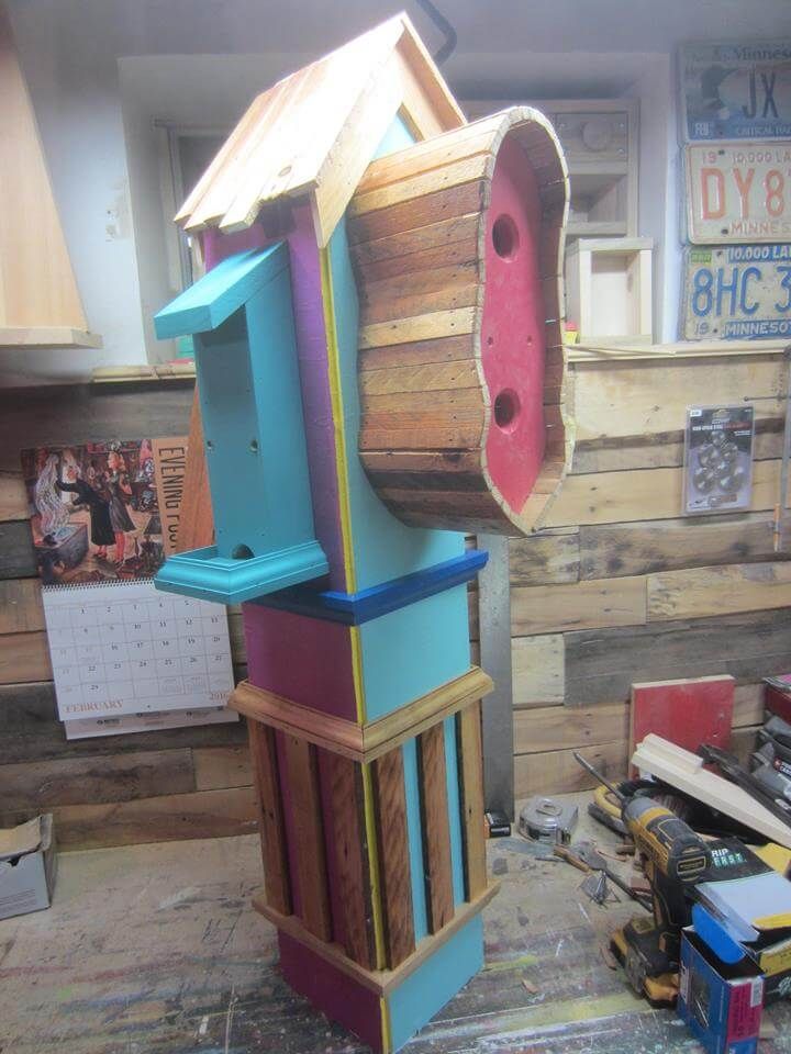 Wooden pallet colorful bird house