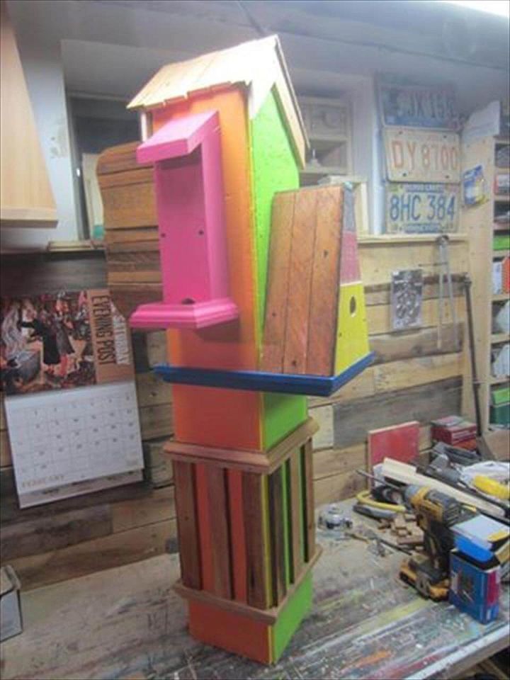Recycled pallet colorful bird house