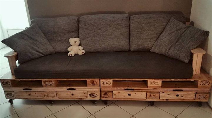 wooden pallet cushioned sofa with built-in drawers