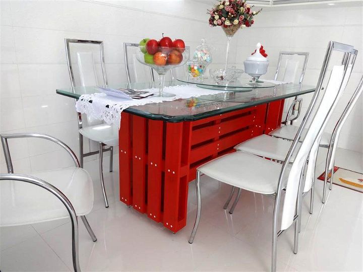red painted pallet modern dining table with glass top