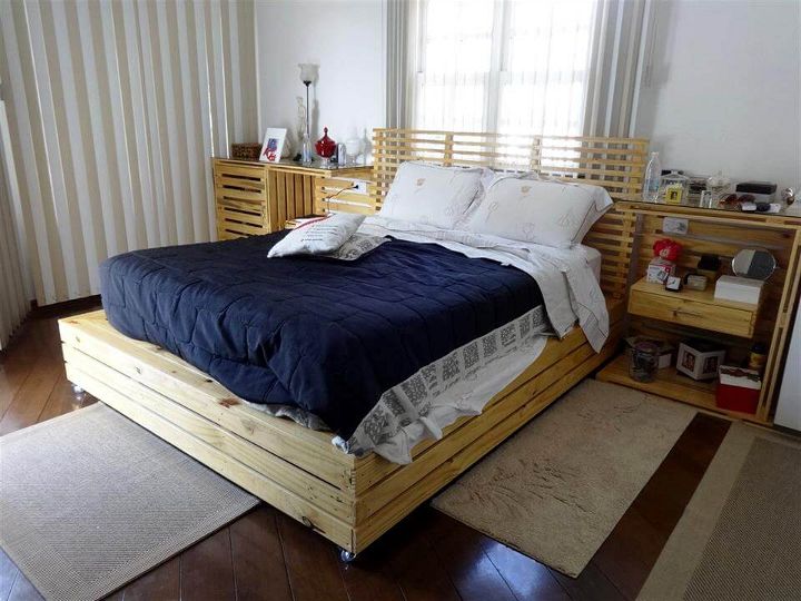 low-cost wooden pallet bed with nightstands