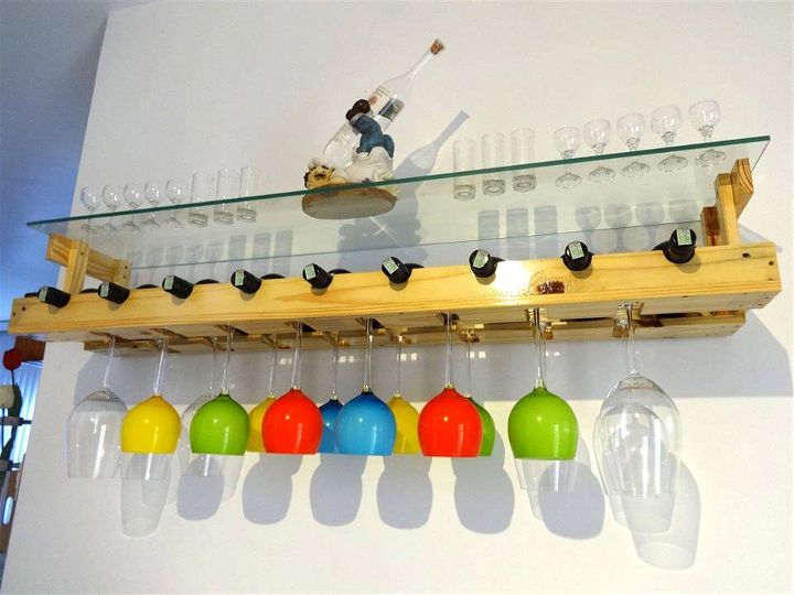 upcycled wooden pallet beverage bottle and glass rack with glass top