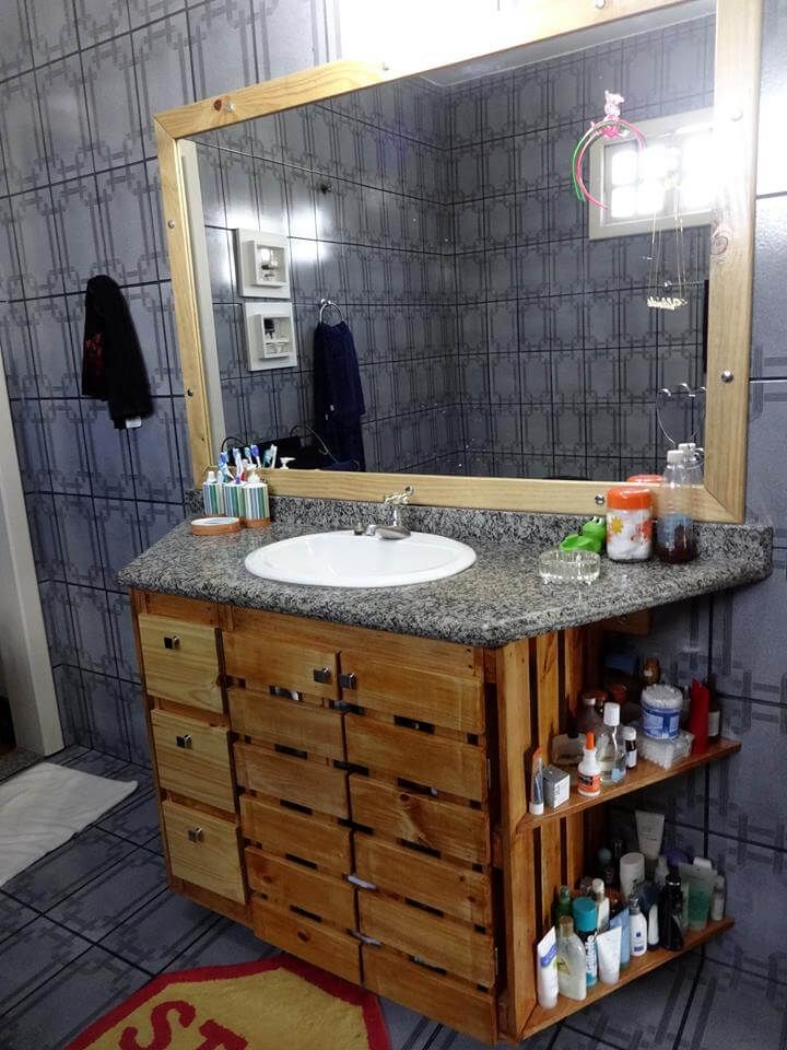 wall mounted pallet vanity with drawers and built in storage shelves