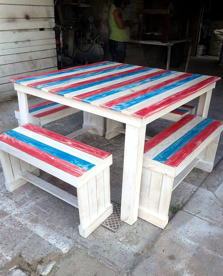 chic white pallet dining table with matching benches
