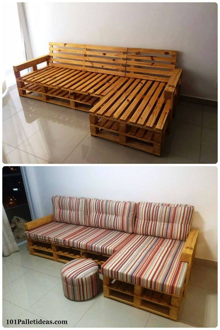 wooden pallet cushioned L-sofa
