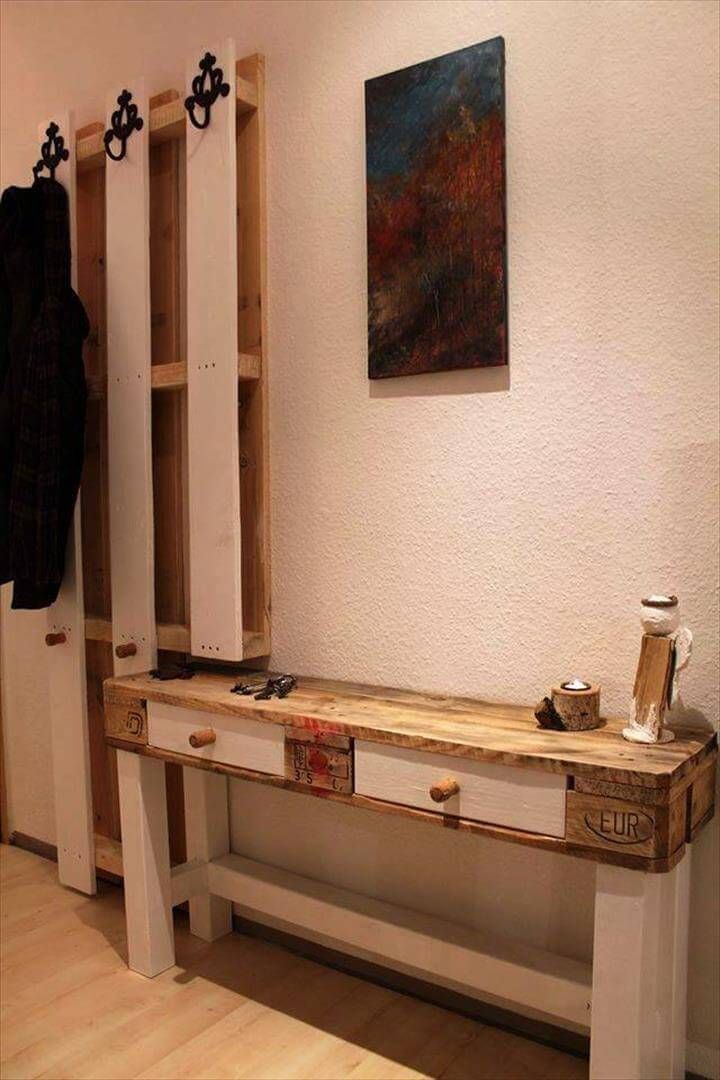 pallet hallway console and coat hooks
