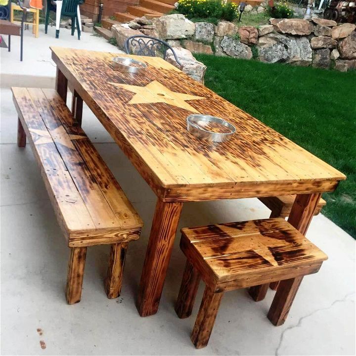 reclaimed wooden pallet outdoor dining table with matching benches